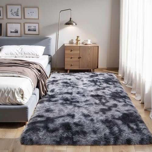 KICHOWUA 5x8 Thick Dark Grey Fluffy Shag Rug for Bedroom, Plush Washable - Image 6