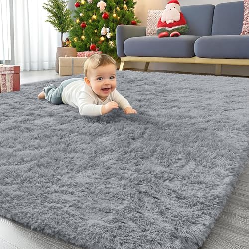 OLANLY Area Rugs for Living Room Bedroom, Machine Washable 4x5.9 ft Soft Fluffy Shaggy Bedside Rug, Indoor Floor Carpet for Kids Girls and Boys, Dorms, Nursery Rooms, Home Decor, Silver Grey by OLANLY