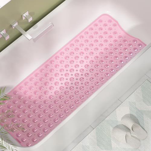 AmazerBath Shower Mat Non Slip 40 x 16 Inches, Shower Stall Mats with Suction Cups and Drain Holes, Non Slip Bath Mat for Tub for Elderly & Kids, Clear Pink - Image 2