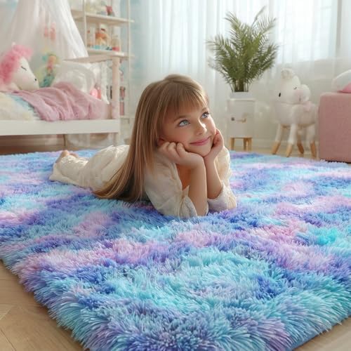 Rainbow Rugs for Bedroom Girls 2x4 Ft, Fluffy Soft Purple Shag Tent Rugs - Image 3