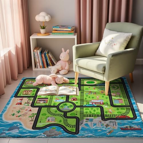 Nayoroom Kids Island Train Map Rug, Faux Wool Track Map, Non-Slip, 5 x 7 ft - Image 2