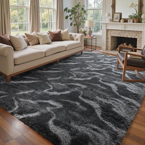 8x10 Ft Extra Large Shag Rugs for Living Room, Tie Dyed Ultra Soft Fluffy Furry Area Rugs for Bedroom Indoor Floor, Aesthetic Carpet for Kids Home Decor (Grey) by Cuzwlovita