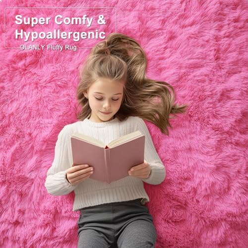 OLANLY 2x4 Machine Washable Runner Rugs for Hallway, Soft Fluffy Shaggy Bedside Rugs for Bedroom, Living Room, Indoor Floor Carpet for Kids Girls Boys, Nursery Rooms, Home Decor Aesthetic, Hot Pink - Image 6