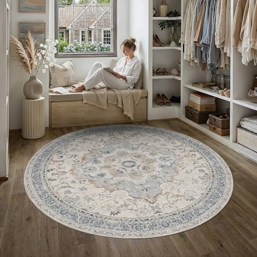 PureCozy Blue Round Rug 8x8 Living Room Vintage Floral Non-Slip Carpet - Image 2