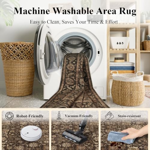 Washable 2.6x8 Kitchen Non-Slip Runner Rug Vintage Brown Throw Carpet - Image 5