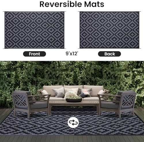 Smiry Outdoor Rug 9x12 ft Waterproof Reversible Boho Mat, Black & Grey - Image 3