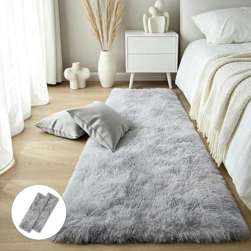 Light Grey Fluffy Shag Rug 2x6, 2 Pcs Soft Fuzzy Plush Washable Carpet by KICHOWUA