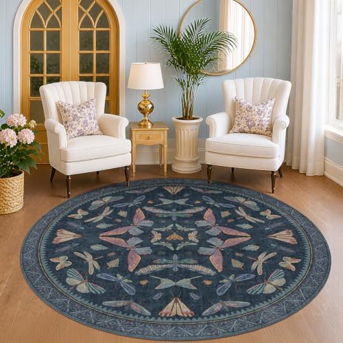 Dark Blue Vintage Playroom Round Rug 6ft, Washable Soft Area Rug for Entryway, Living Room & Kitchen, Stain Resistant Boho Insect Print Carpet - Image 3