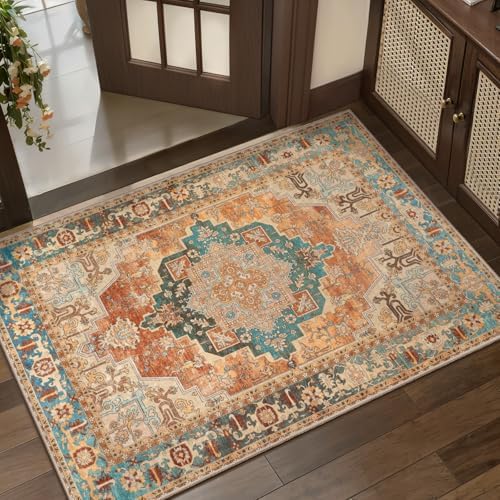 Tangsoo 2x3 Washable Rugs for Entryway, Vintage Non Slip Small Rug Orange by Tangsoo