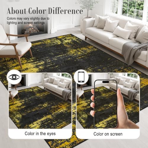 Area Rug Living Room: 4x6 Modern Washable Soft Carpet Black Gold - Image 5