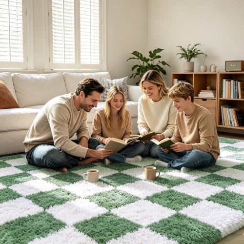 Large Area Rugs for Living Room Bedroom,9x12 Green and White Fluffy Soft Checkered Rug Fuzzy Shag Shaggy Carpet,Indoor Plush Floor Rugs for Teen Dorm Home Decor - Image 2
