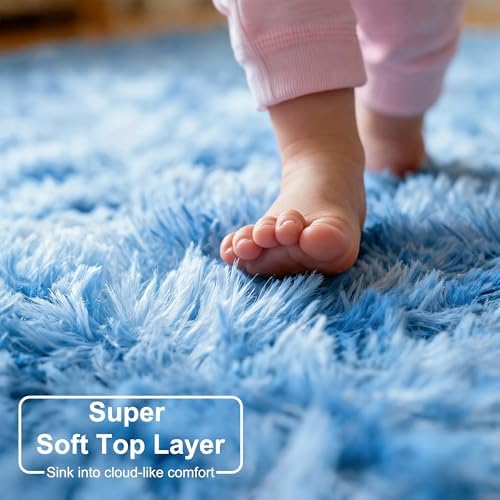 Amdrebio Tie-Dyed Light Blue Round Rug 4Ft for Girls Bedroom Baby Nursery - Image 4