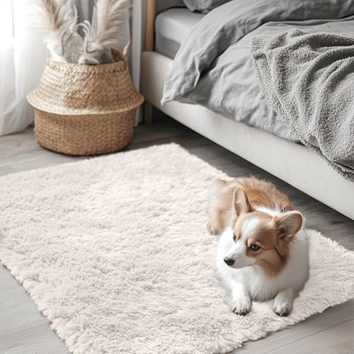 OLANLY 2x3 Machine Washable Small Bedside Rug, Soft Fluffy Shaggy Entryway Throw Rugs for Bedroom, Living Room, Indoor Floor Carpet for Kids Girls and Boys, Nursery Rooms, Home Decor Aesthetic, Ivory - Image 5
