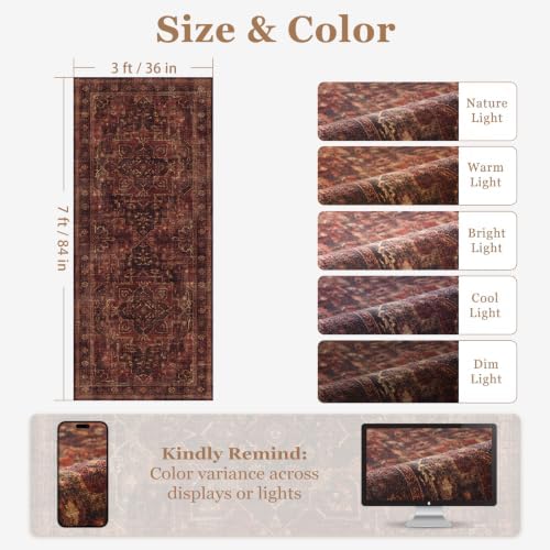 Washable Hallway Runner Rug 3'x7', Vintage Medallion, Dark Red - Image 2