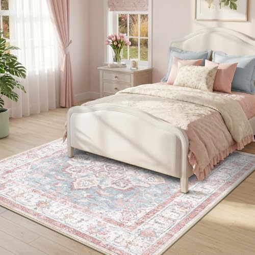CAPALOCA Square 5ft Washable Nursery Girls Low Pile Area Rug Pink Blue - Image 3