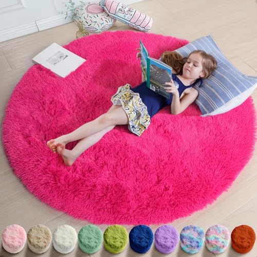 Amdrebio Hot Pink Shaggy Small Round Rug 3Ft for Kids Girls Bedroom Nursery by Amdrebio