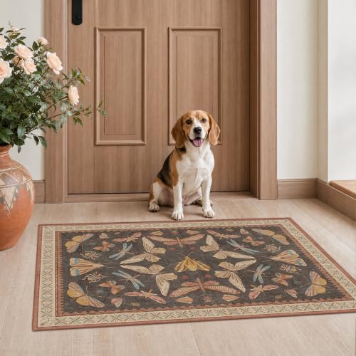 2x4 Vintage Area Rug for Entryway Indoor, Stain Resistant Washable Carpet for Kitchen, Bathroom & Powder Room, Orange Brown Insect Boho Décor by HazoHaus