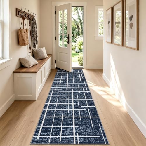 Non Slip Hallway Runner Rug 2x10, Blue Modern Distressed Stripe, Washable Long Rug, Woven Thin Low Pile Carpet Runners for Hallway 10ft Entryway, Kitchen, Walkway- Blue - Image 3