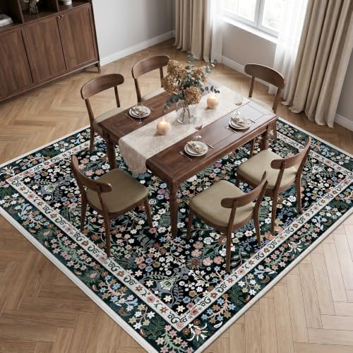 Square 8x8 Area Rug Non-Slip: Washable Stain Resistant Vintage Rug Black - Image 3