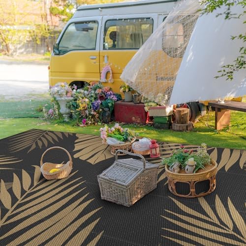 GENIMO Outdoor Rug, Waterproof Plastic Rugs 9'x18' for Camping Black Brown - Image 3