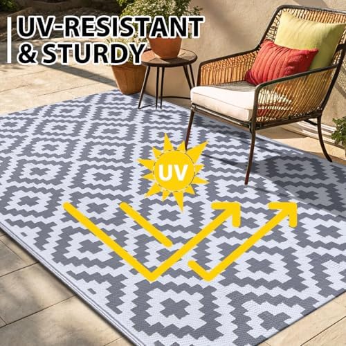 Smiry Outdoor Rug 9x18 ft Waterproof Reversible Boho Mat, White & Grey - Image 4