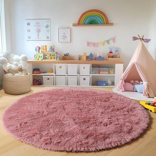ONASAR Blush Round Rugs 6ft for Living Room Bedroom, Fluffy Circle Area Rug for Kids Girls Boys Teen, Soft Plush Shaggy Carpet for Nursery Dorm Classroom Playroom Home Decor Aesthetic by ONASAR