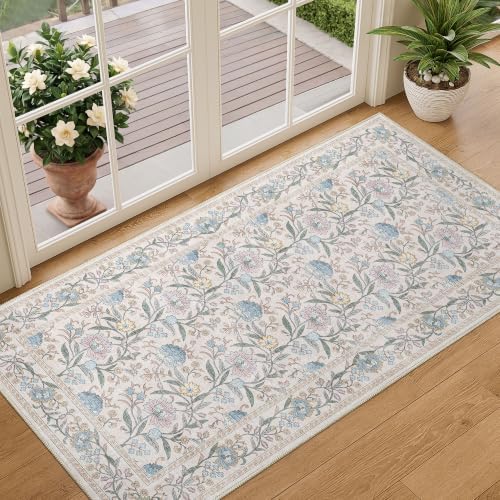 DUKINO 2x4 Rug, Washable Vintage Floral Entryway Rug Non Slip, Cream Blue by DUKINO