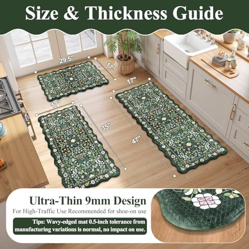 Yamaziot Boho Anti Fatigue Kitchen Rug Set of 3 Scalloped Non-Slip, Green - Image 2