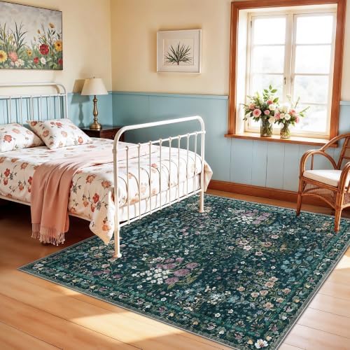 7x7 Vintage Floral Dining Room Rug - 7ft Square Low Pile Non Slip Machine Washable Area Rug, Indoor Carpet for Under Table/Bed Living Room Bedroom Office Nursery Entryway Playroom (7ft Square, Green) - Image 5