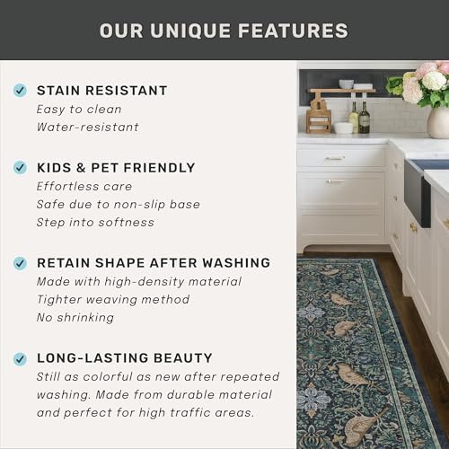 Boho 3x10 Wide Hallway Runner Rug 10 ft, Washable Extra Long Runner Rugs for Entrance Floor, Vintage Blue and Green Plant Design Carpet for Kitchen, Low Pile & Stain Resistant - Image 7