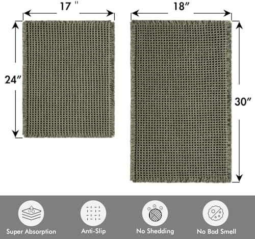 MIULEE Set of 2 Waffle Bathroom Rugs Boho Bath Mat Green 17"x24"+18"x30" - Image 2
