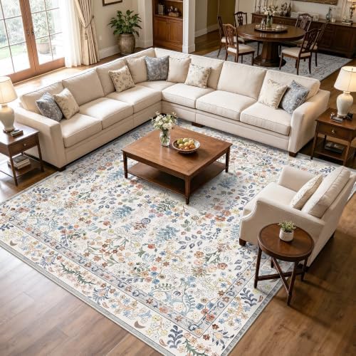 Vintage 8x8 Square Area Rug: Washable Boho Rug Soft Low-Pile Carpet Beige by HILORUUG