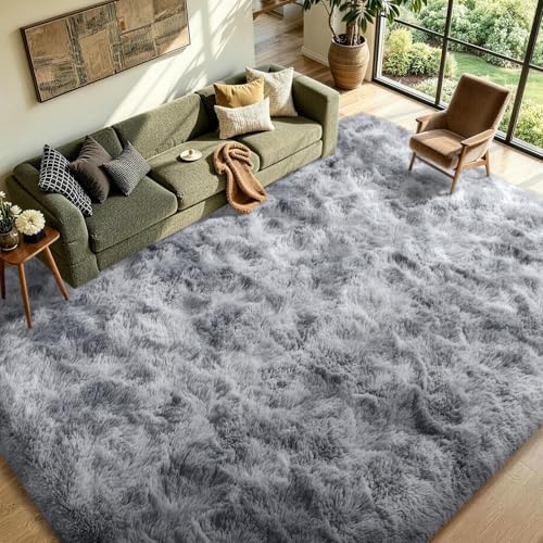 FinRèc Home 9x12 Non-Slip Fluffy Area Rugs for Living Room (Tie-dye Grey) - Image 3