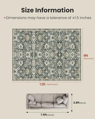 Amada Large 9x12 Washable Area Rug for Living Room, Green/Brown, Vintage - Image 2