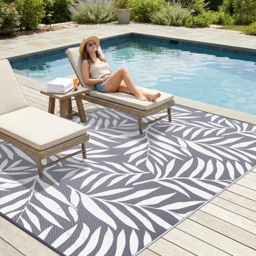 Smiry Outdoor Rug 8x10 ft Waterproof Reversible Leaf Mat, Grey & White - Image 3