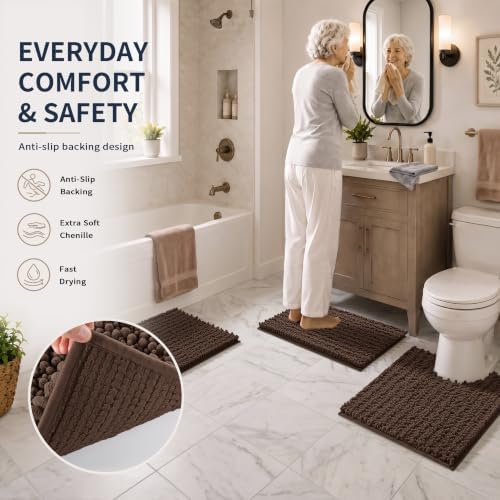 Yimobra Brown Bathroom Rug Set 3 Piece, Super Water Absorbent Bath Mat Set - Image 5