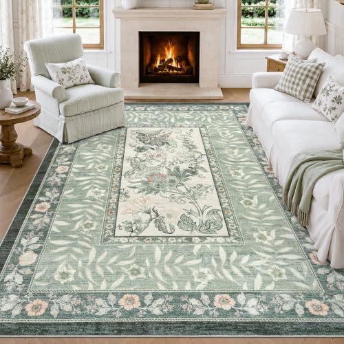 DCX Washable 6x9 Sage Green Vintage Botanical Area Rug - Image 4