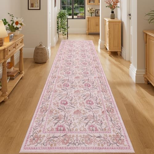 DUKINO 2.6x8 Runner Rug, Washable Vintage Floral Kitchen Runners Rug, Pink by DUKINO
