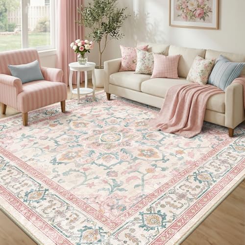 CAPALOCA Square 8ft Washable Nursery Girls Low Pile Area Rug Pink Teal - Image 2