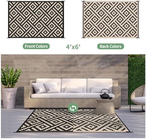 GENIMO Outdoor Rug, Waterproof Plastic Rugs for Patio, 4'x6' Black Beige - Image 2