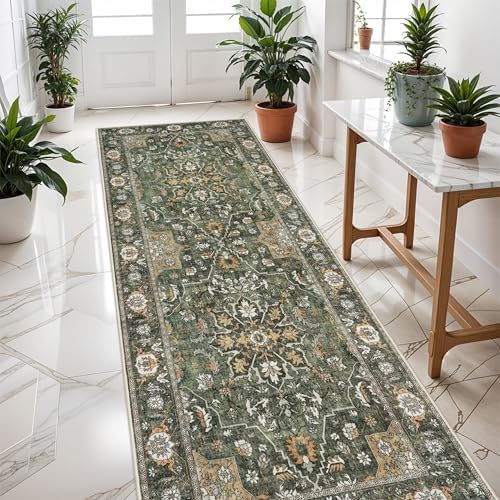 Washable 3x8 Hallway Runner Rug - Kitchen Rugs Ultra Soft Entryway Rug Runner Vintage Floral Floor Mat Non-Slip Low Pile Indoor Farmhouse Carpet for Bathroom Living Room Bedroom (Green,3x8) - Image 2