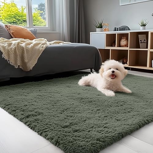 OLANLY 3x5 Machine Washable Small Bedside Rug, Soft Fluffy Shaggy Rugs for Living Room, Bedroom, Indoor Floor Carpet for Kids Girls and Boys, Preppy Dorms, Nursery, Home Decor Aesthetic, Olive Green by OLANLY