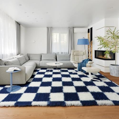 KICMOR Large Area Rug for Living Room 6x9, Big Fluffy Shag Fuzzy Navy Blue and Cream White Checkered Rugs Soft Plush Carpet for Bedroom, Cute Shaggy Rug for Kids Boys Girls Room Nursery Home Decor - Image 5