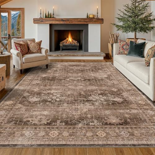 Hazo Haus Gold Brown 8x12 Big Rugs for Living Room - Non Slip Washable Vintage Area Rug for Dining Room Under Table, Geometric Floral & Low Pile Boho Bedroom Decor by HazoHaus