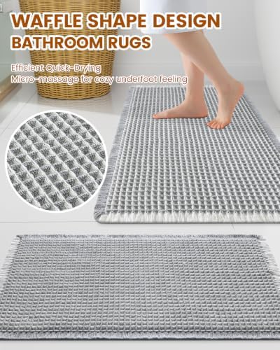 Smiry Waffle Bathroom Rugs Sets 2 Piece (47x20+30x20, Lightgrey & Cream) - Image 2