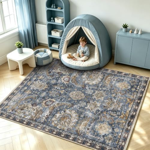 RUGSURE Washable Area Rugs - Perfect for Living Room, Bedroom, Kids Room, Nursery - Stain & Water Resistant Non-Slip, Pet & Child Friendly, Vintage Tribal Area Rugs (Navy, 5' x 7') - Image 2
