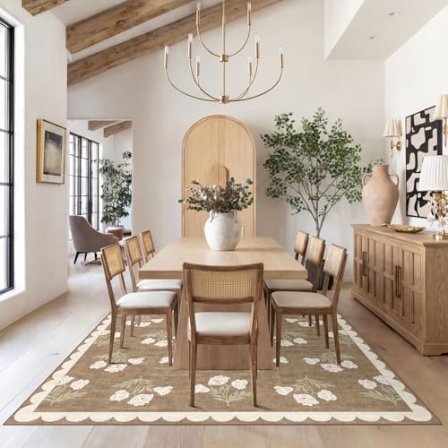Boho Tan Living Room Rug 6x9 - Soft Washable Floral Neutral Farmhouse Scalloped Bedroom Area Rug Stain Resistant Dining Room Rugs for Under Table Non Slip Rugs for Bedroom Living Room Decor - Image 6