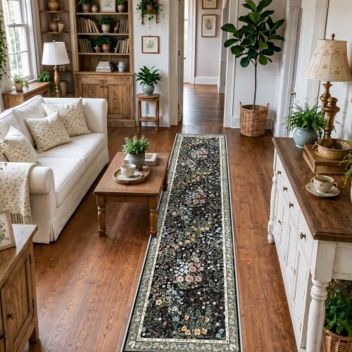 Washable Long Runner Rug 3x12: Vintage Botanical Runner for Large Hallway Office Gallery - Machine Washable Non Slip Low Pile Carpet - Soft Foldable Rug for Busy Indoor Spaces - 3'x12' Black - Image 4