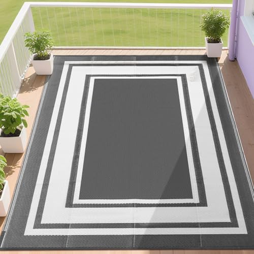 RURALITY Outdoor Rugs 5x8 for Patios Clearance,Waterproof Mats for Porch,Deck,Plastic Straw Area Rugs for Backyard,Balcony,Reversible,Grey&White by RURALITY