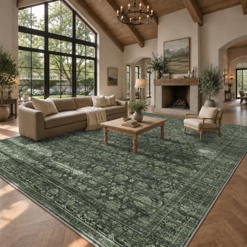 JOOJA 10x12 Dark Green Vintage Floral Low Pile Non Slip Washable Area Rug by JOOJA